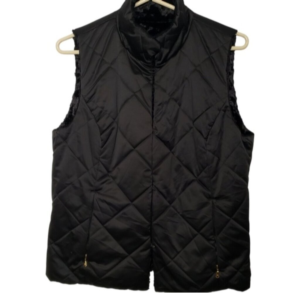Lauren Ralph Lauren Reversible Vest Women's Size Large Quilted Faux Fur Black